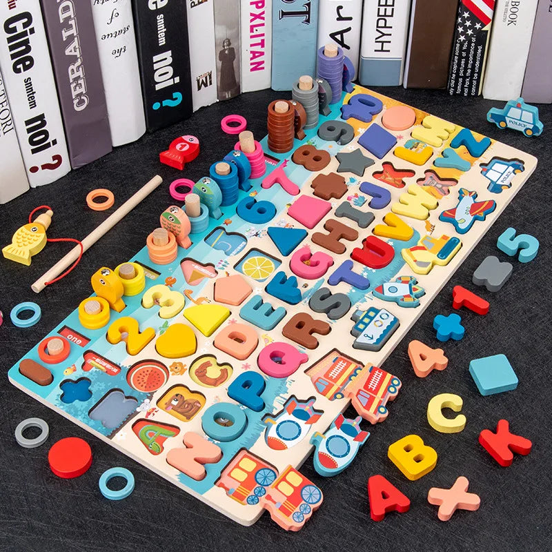 QWZ Kids Montessori Educational Wooden Math Toys Children Busy Board Count Shape Colors Match Fishing Puzzle Learning Toys Gifts