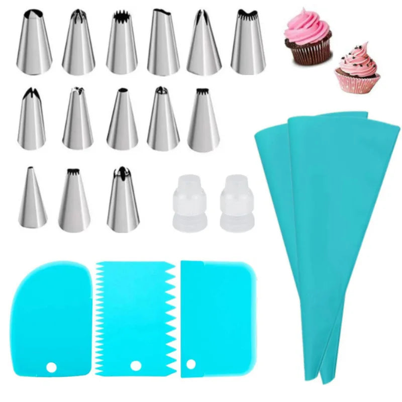 Ensemble de poches à douille et d'embouts en silicone Kit de décoration de gâteau DIY avec buse en acier inoxydable Outil de cuisson de pâtisserie en silicone réutilisable