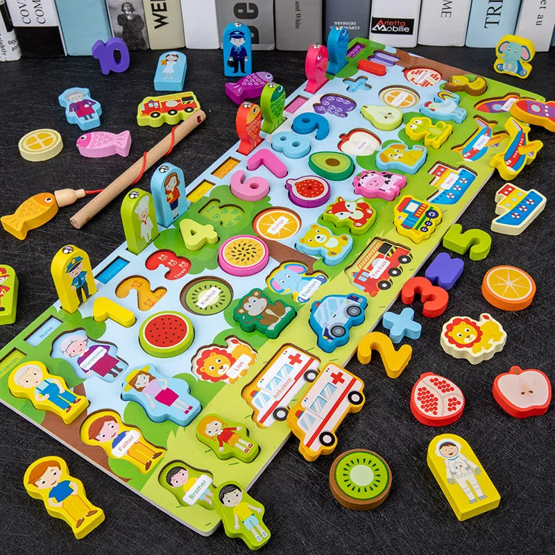 QWZ Kids Montessori Educational Wooden Math Toys Children Busy Board Count Shape Colors Match Fishing Puzzle Learning Toys Gifts