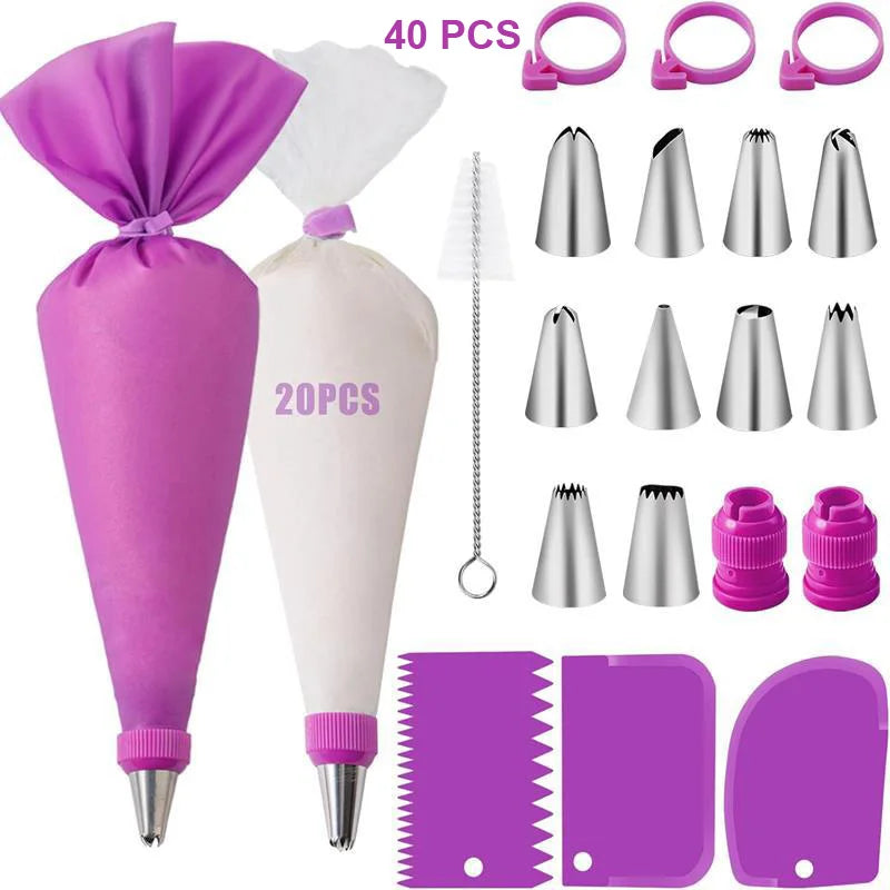 Ensemble de poches à douille et d'embouts en silicone Kit de décoration de gâteau DIY avec buse en acier inoxydable Outil de cuisson de pâtisserie en silicone réutilisable