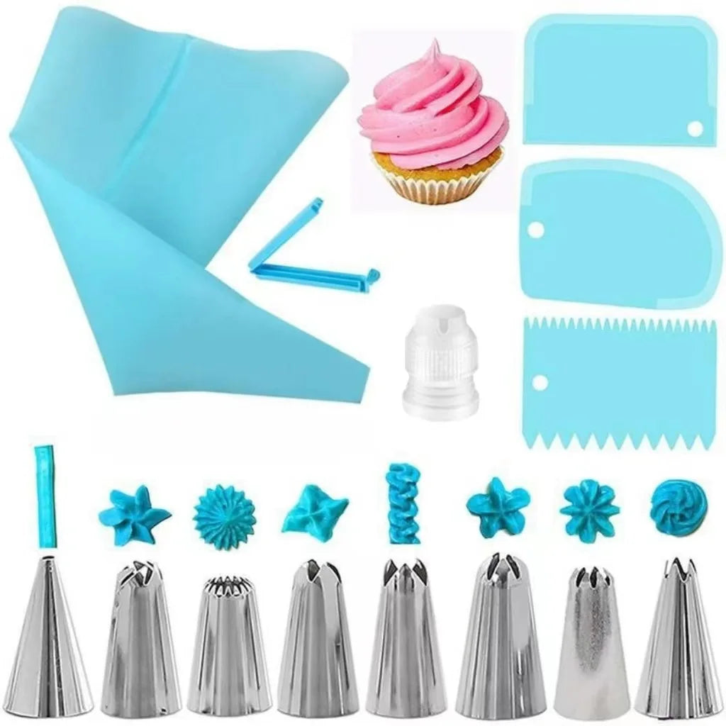 Ensemble de poches à douille et d'embouts en silicone Kit de décoration de gâteau DIY avec buse en acier inoxydable Outil de cuisson de pâtisserie en silicone réutilisable