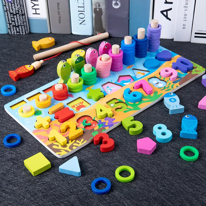 QWZ Kids Montessori Educational Wooden Math Toys Children Busy Board Count Shape Colors Match Fishing Puzzle Learning Toys Gifts