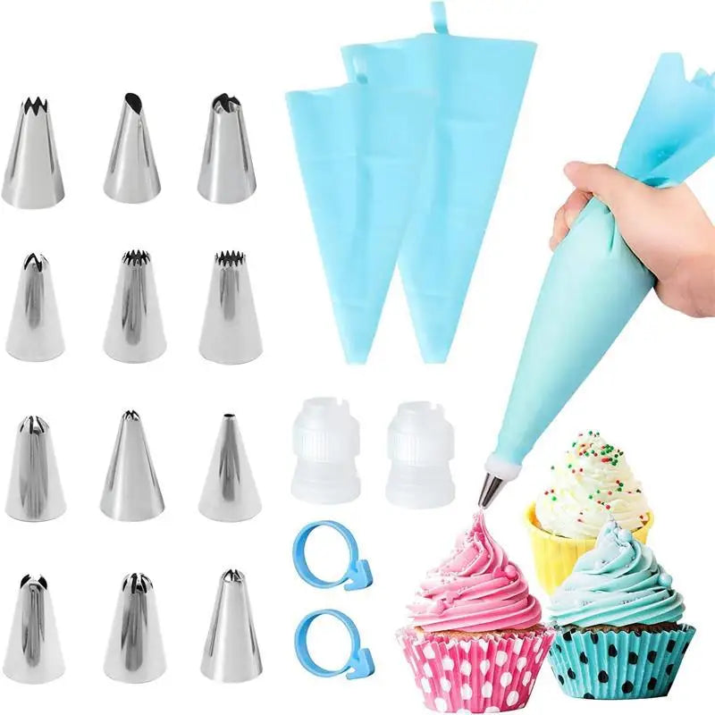 Ensemble de poches à douille et d'embouts en silicone Kit de décoration de gâteau DIY avec buse en acier inoxydable Outil de cuisson de pâtisserie en silicone réutilisable