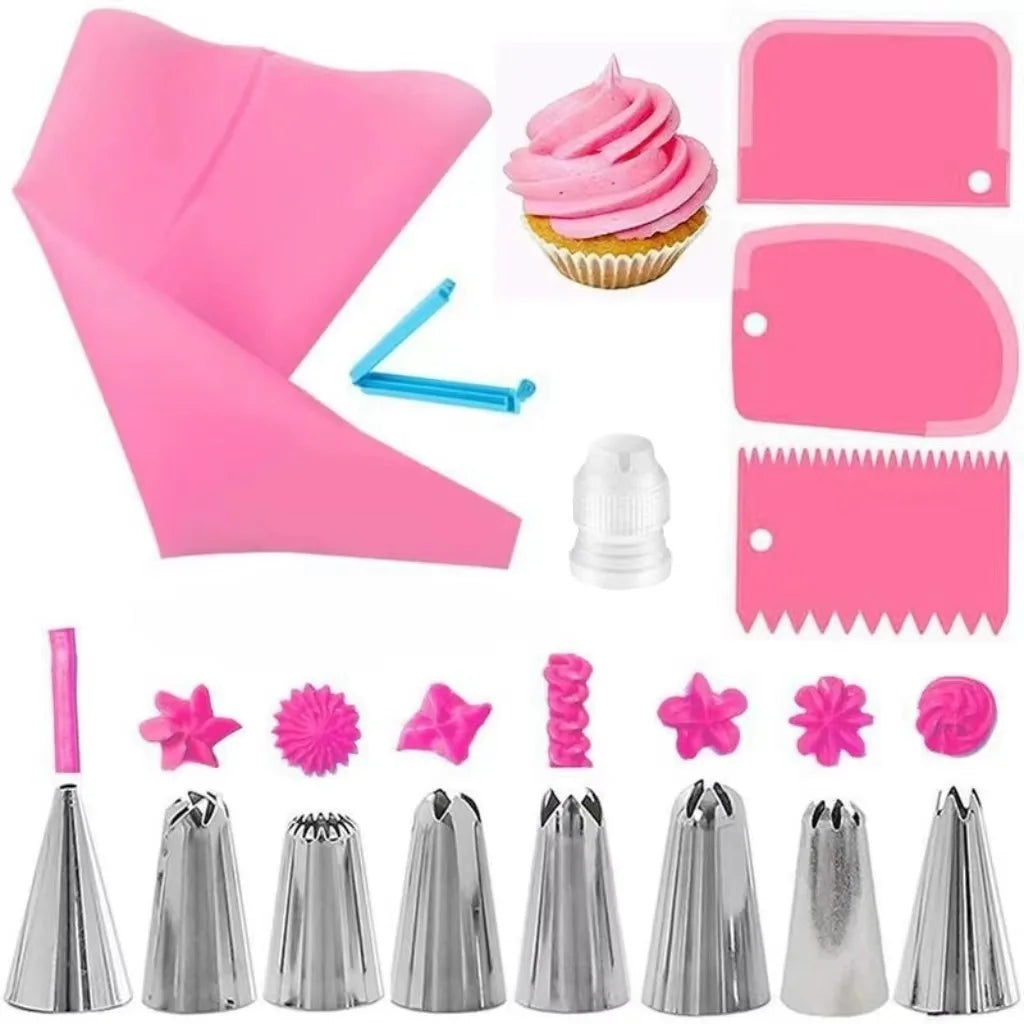 Ensemble de poches à douille et d'embouts en silicone Kit de décoration de gâteau DIY avec buse en acier inoxydable Outil de cuisson de pâtisserie en silicone réutilisable