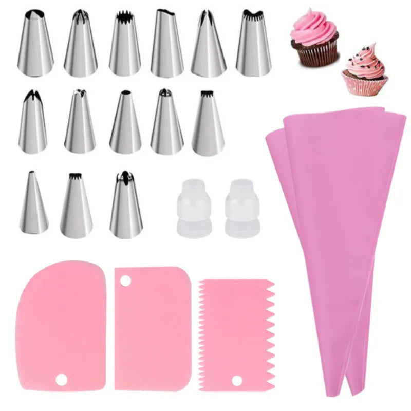 Ensemble de poches à douille et d'embouts en silicone Kit de décoration de gâteau DIY avec buse en acier inoxydable Outil de cuisson de pâtisserie en silicone réutilisable