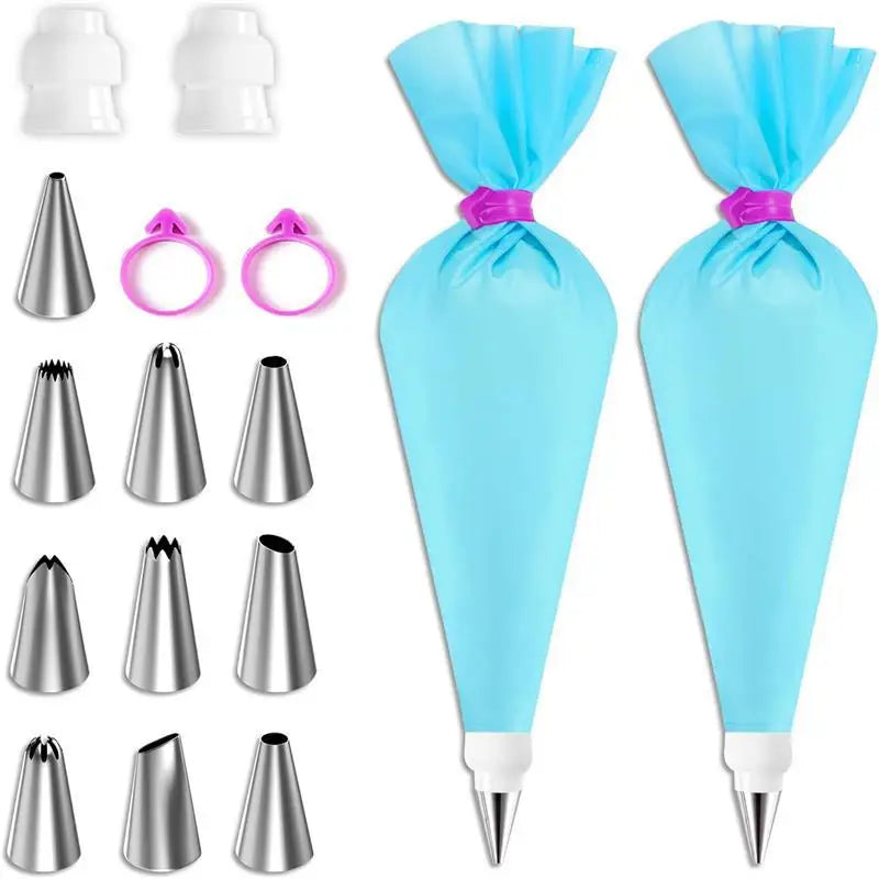 Ensemble de poches à douille et d'embouts en silicone Kit de décoration de gâteau DIY avec buse en acier inoxydable Outil de cuisson de pâtisserie en silicone réutilisable